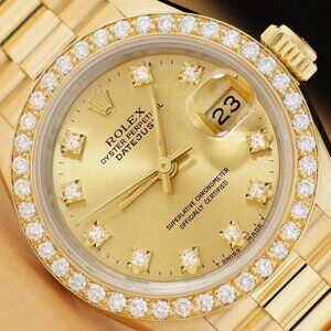 ROLEX LADIES 18K YELLOW GOLD CHAMPAGNE FACTORY DIAMOND PRESIDENT WATCH